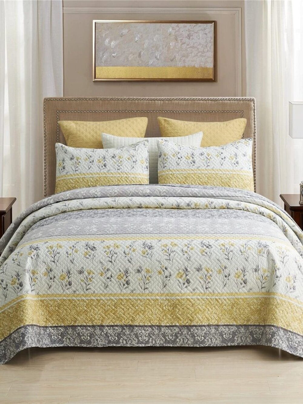 3-Piece King Size Quilt Set with 2 Pillow Shams- Boho Reversible Soft and